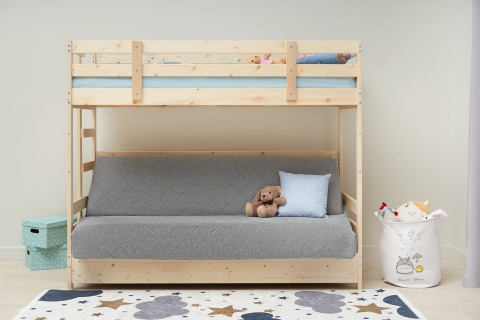 Двухъярусная кровать массив с диван-кроватью светло-серый / натуральный